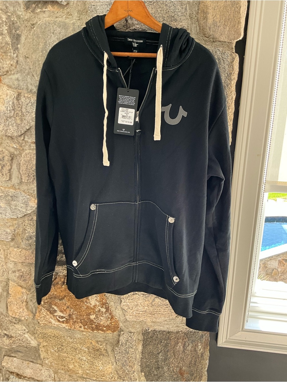 True Religion Black Hoodie with Cream Drawstrings